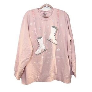 VTG Christmas Sweatshirt Pink Ice Skating Snowflakes Coquette Blush Fleece Crew